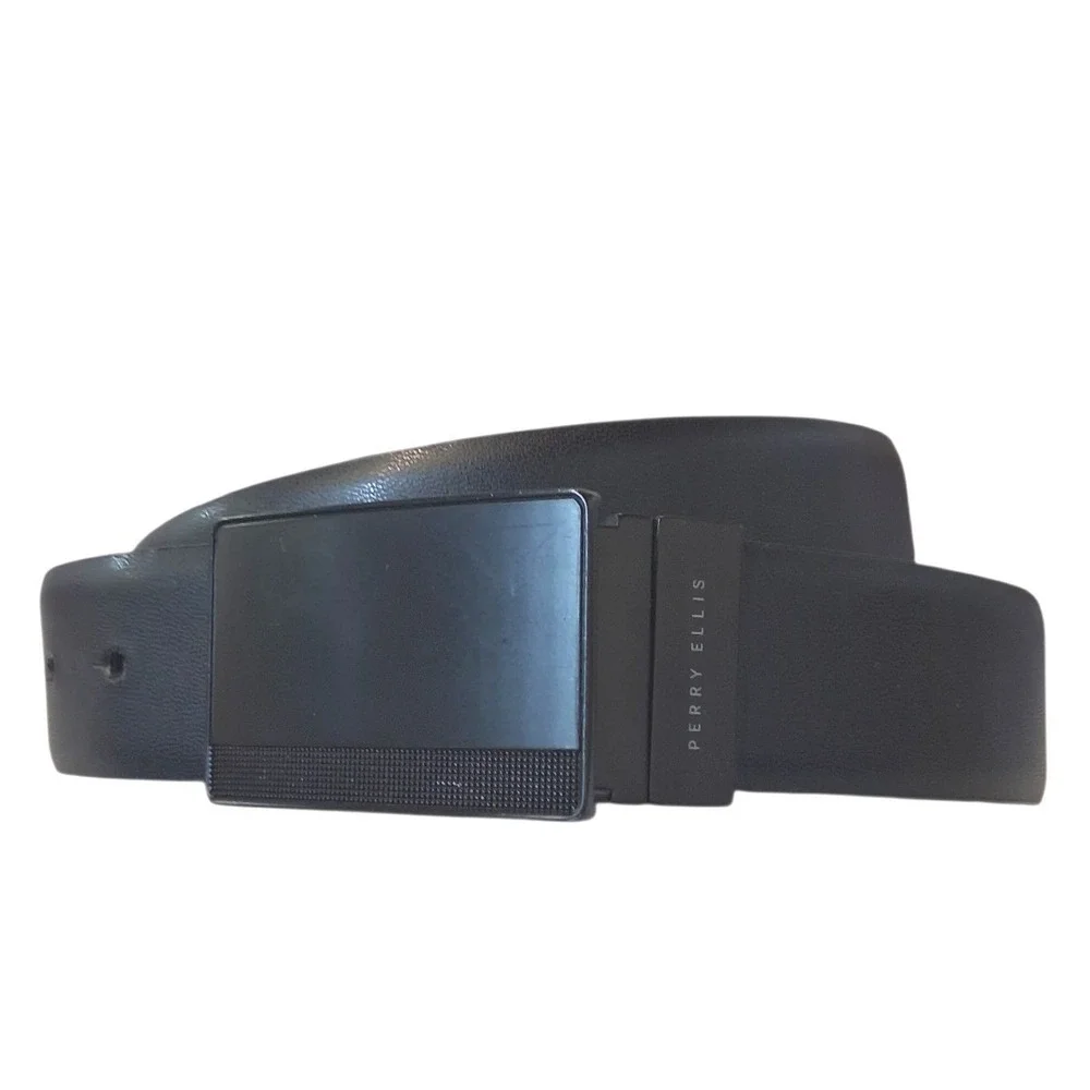 Perry Ellis Men's size 32 Reversible Leather Belt Black Pattern Plaque Career‎